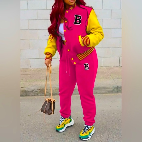 2 Pc: Pink & Yellow Varsity Jacket & Jogger Pants w/Letter “B” Embroidery, NIP - Picture 3 of 8